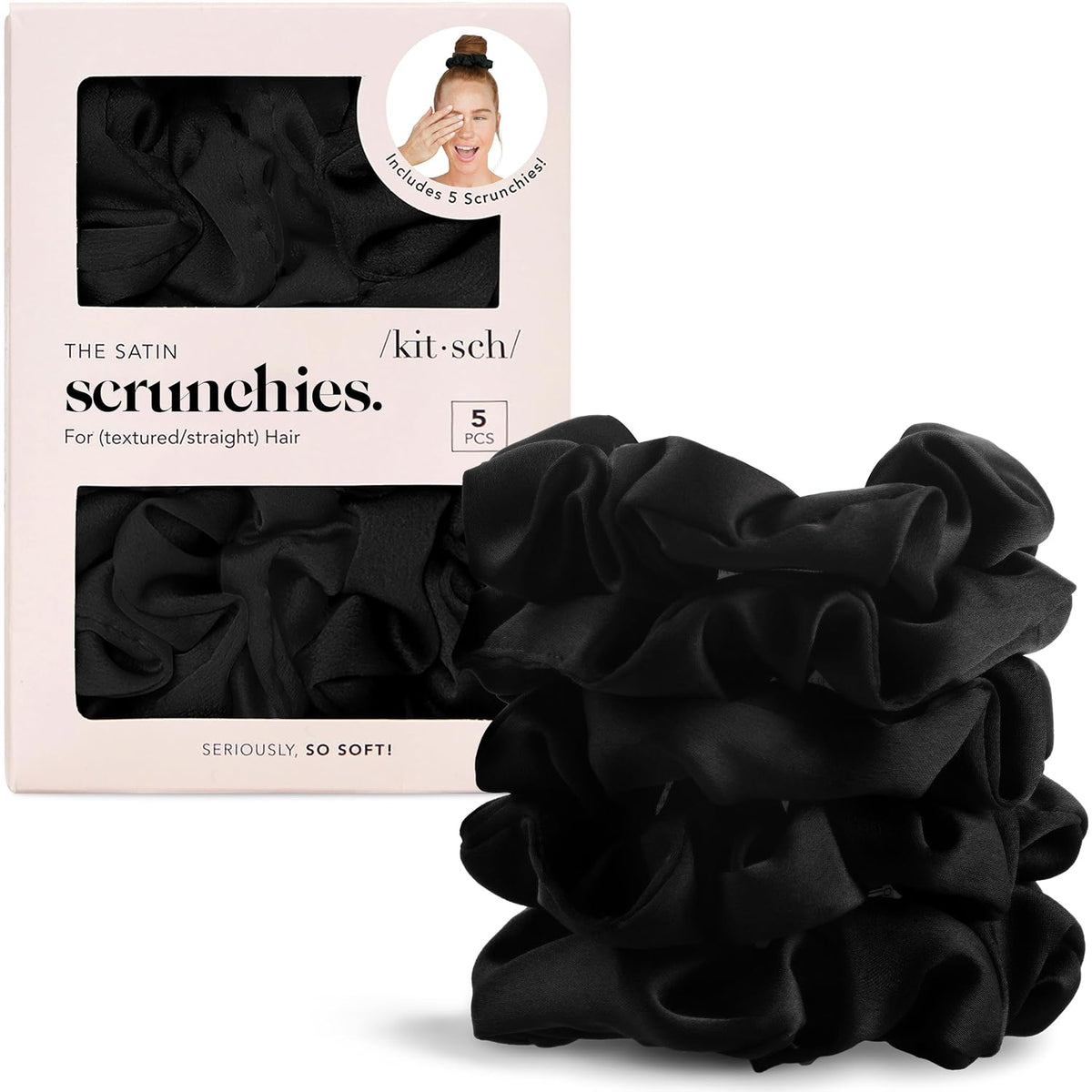 Kitsch black satin scrunchies five pack